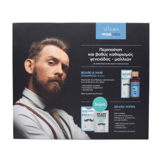 Vican Wise Men Gift Set Beard & Hair Shampoo Fresh 200ml & Beard Wipes Fresh 12 wipes