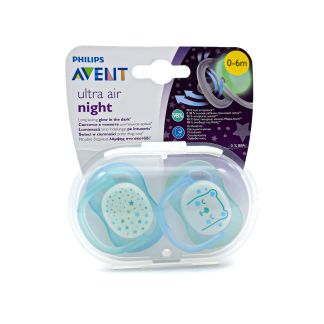 Philips Avent Ultra Air Night Ορθοδοντικές Πιπίλες Σιλικόνης 0-6m Αρκουδάκι Αστέράκια Πράσινο  2 τμχ SCF376/11
