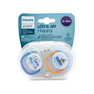 Philips Avent Ultra Air Happy Ορθοδοντικές Πιπίλες Σιλικόνης Ζωάκια 0-6m  I love Mama Μπλε - Βαρκούλα Γαλάζιο 2 τμχ SCF080/01