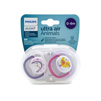 Philips Avent Ultra Air Animals Ορθοδοντικές Πιπίλες Σιλικόνης Ζωάκια 0-6m Μωβ Πιγκουίνος - Ροζ Πουλάκι 2 τμχ SCF080/06
