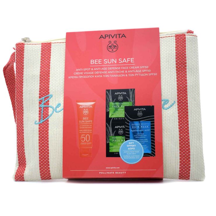 Apivita Bee Sun Safe Face Cream SPF50+ AntiSpot & AntiAge 50ml & Face Mask Aloe 2x8ml & Hair Mask 20ml & Cosmetics Bag