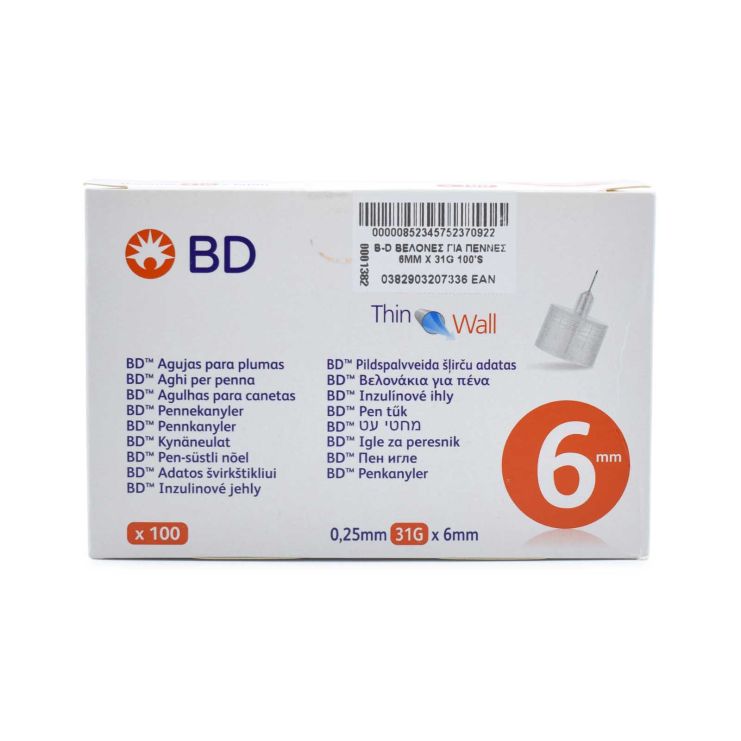 BD Βελονάκια για Πένα Thin Wall 0,25mm 31G x 6mm 100 τμχ