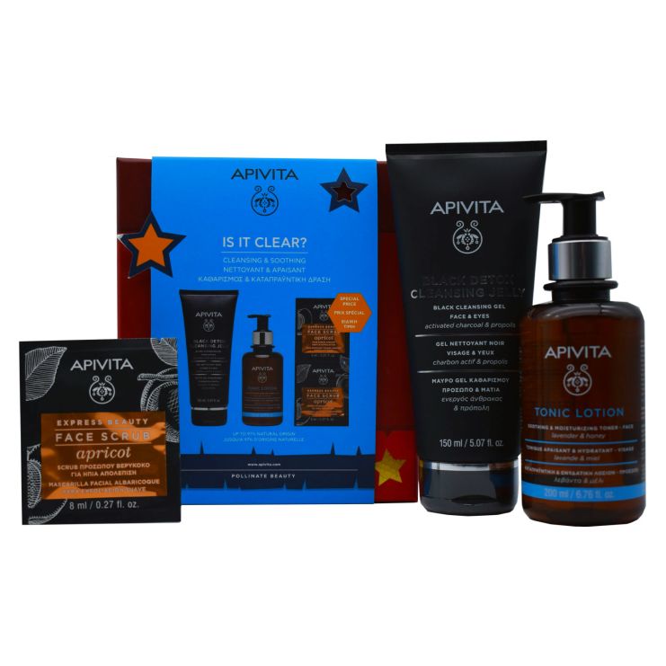 Apivita Is It Clear ? : (Black Detox Cl. Gel 150ml, Ex. Face Scrub Apricot 2x8ml & Tonic Lotion 200m