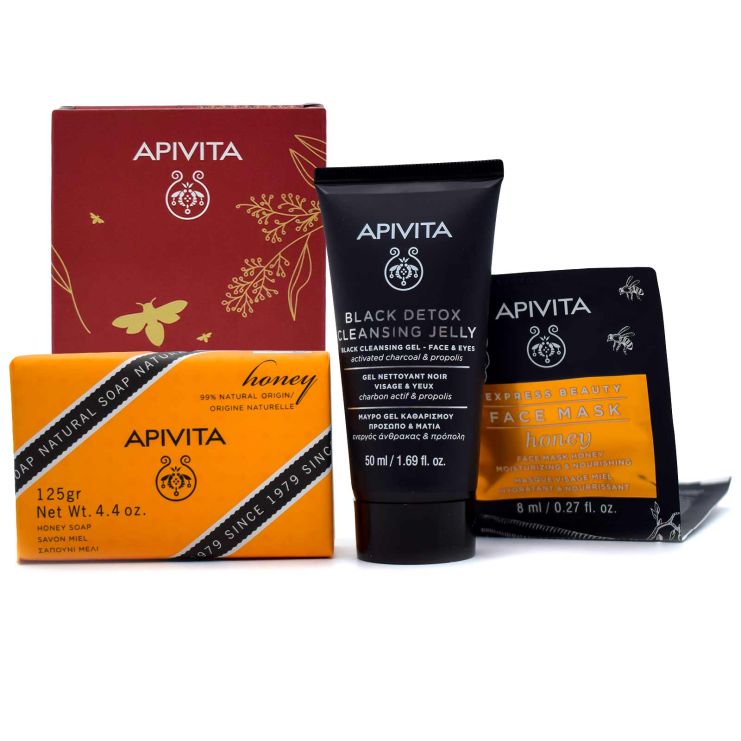 Apivita Bee Lover : (Black Detox Cl. Gel 50ml, Ex. Face Mask Honey 2 x 8ml + Natural Soap Honey 125g
