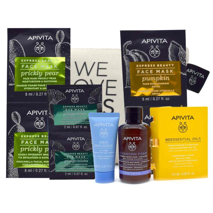 Apivita Beauty Holidays Aqua Beelicious Oil Free Κρέμα-Gel Ενυδάτωσης Ελαφριάς Υφής 15ml  & Αφρός Καθαρισμού για Πρόσωπο και Μάτια 75ml & Beesential Oils 1.6ml & Express Beauty Μάσκα Προσώπου και Ματιών 6x2ml & Νεσεσέρ 