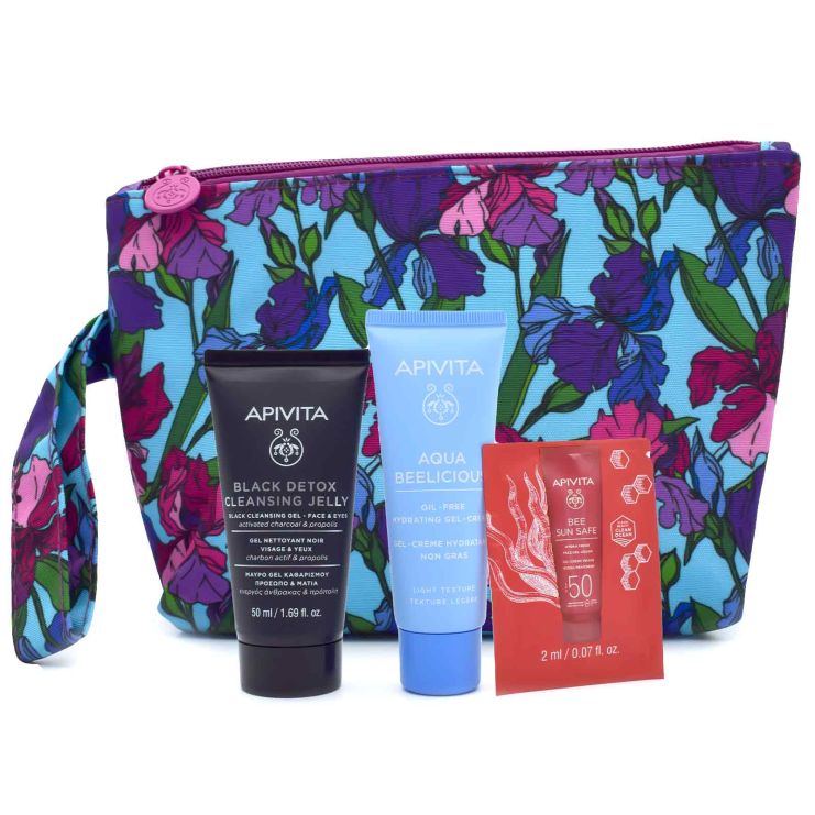 Apivita  Aqua Beelicious Oil Free Κρέμα Gel Ενυδάτωσης ελαφριάς υφής 50ml & Μαύρο Gel Καθαρισμού Πρόσωπο Μάτια & Bee Sun Safe SPF50 2ml & Νεσεσέρ 