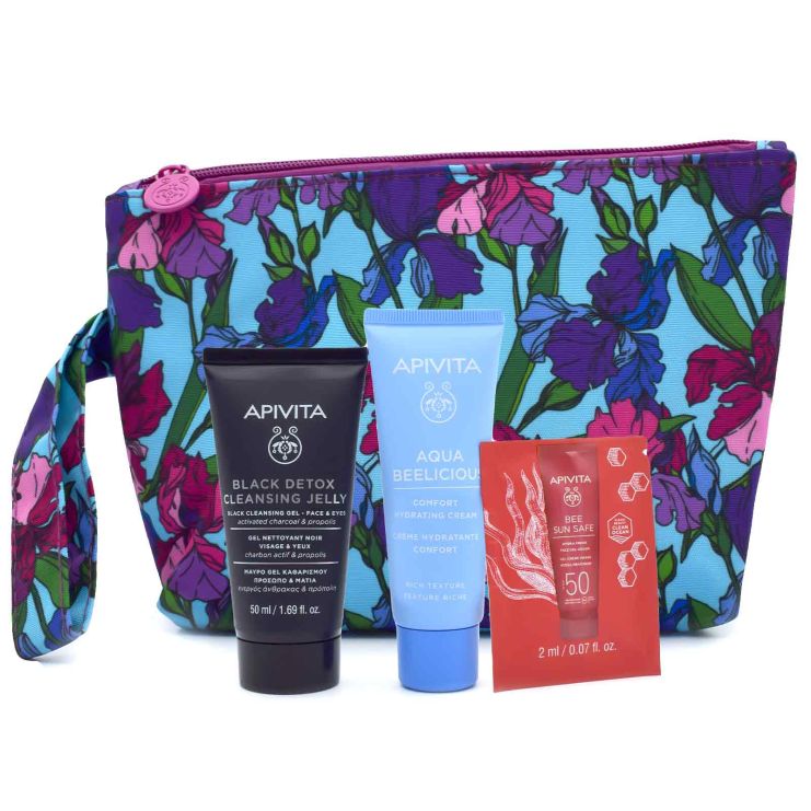 Apivita  Aqua Beelicious Απαλή Κρέμα Ενυδάτωσης Πλούσιας υφής 50ml & Μαύρο Gel Καθαρισμού Πρόσωπο Μάτια & Bee Sun Safe SPF50 2ml & Νεσεσέρ 