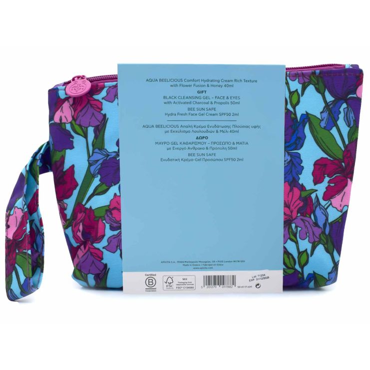 Apivita  Aqua Beelicious Απαλή Κρέμα Ενυδάτωσης Πλούσιας υφής 50ml & Μαύρο Gel Καθαρισμού Πρόσωπο Μάτια & Bee Sun Safe SPF50 2ml & Νεσεσέρ 
