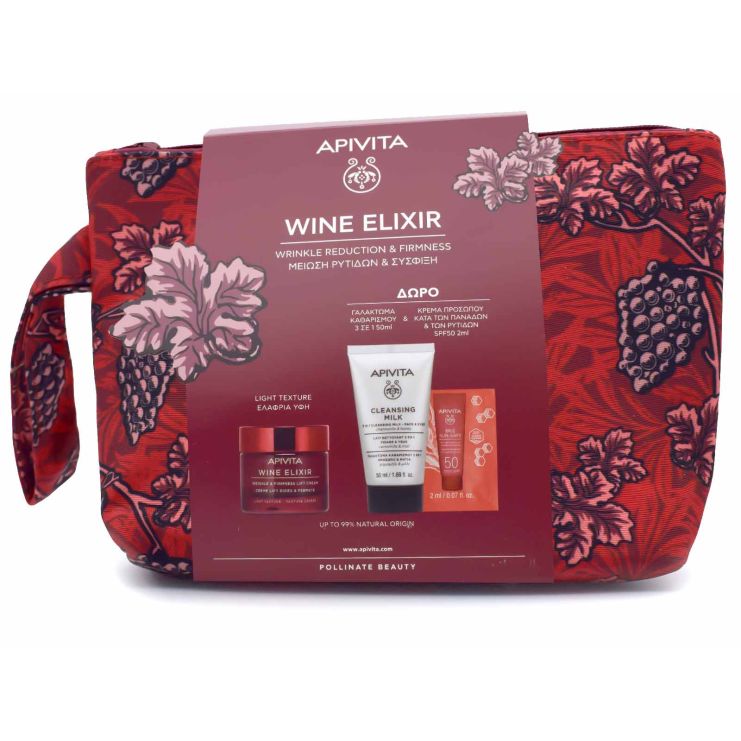 Apivita Wine Elixir Αντιρυτιδική Κρέμα για Σύσφιξη & Lifting ελαφριάς υφής 50ml & Γαλάκτωμα καθαρισμού 3 σε 1 για Πρόσωπο & Μάτια 50ml & Bee Sun Safe SPF50 2ml & Νεσεσέρ 