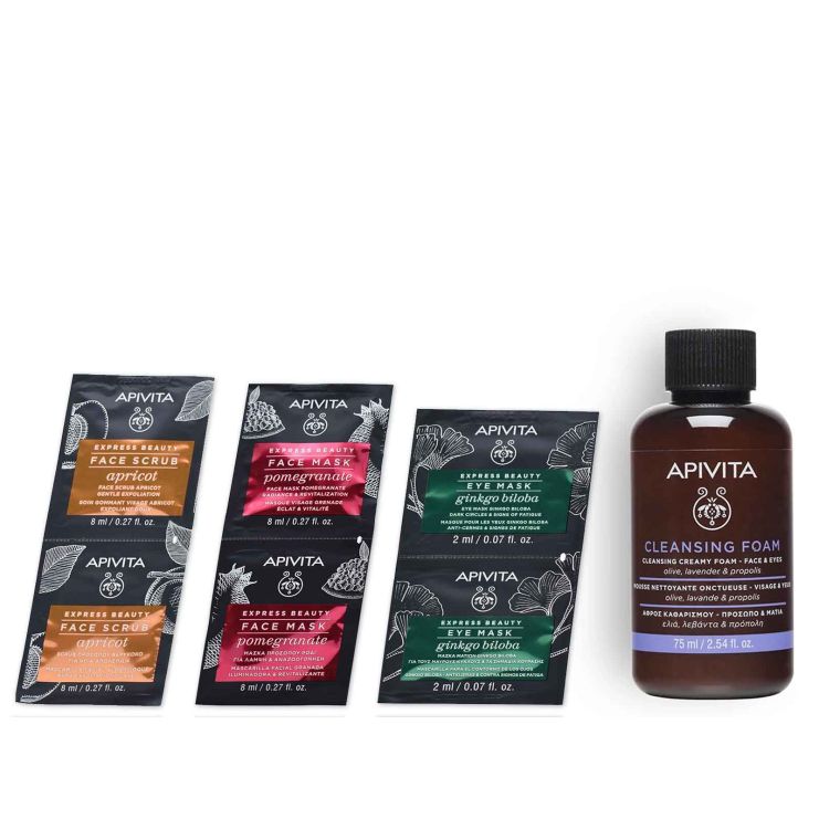 Apivita Bee Party Ready Cleansing Foam 75ml & Face scrub 2x8ml & Face Mask 2x8ml & Eyes Mask 2x2ml