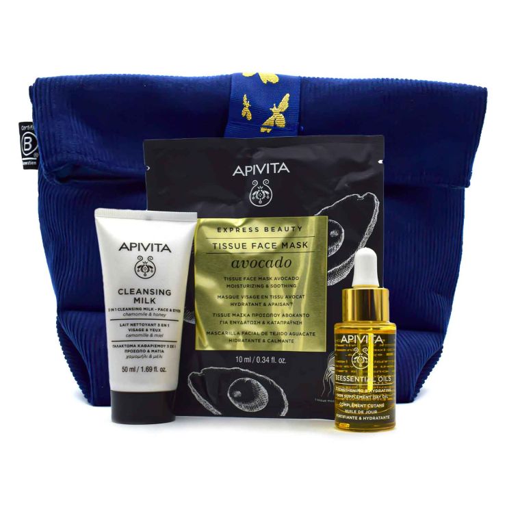 Apivita Time To Glow Up Beessential Oils 15ml & Face Cleansing Milk 3 in 1 50ml & Tissue Face Mask 10ml & Τσαντάκι