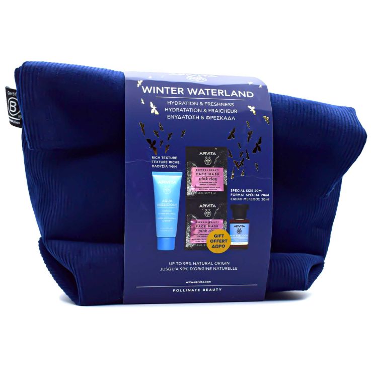 Apivita Winter Waterland Aqua Beelicious Cream Rich Texture 40ml & Toner 20ml & Face Mask Pink Clay 2x8ml & Τσαντάκι