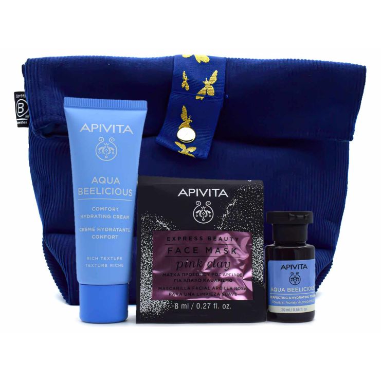 Apivita Winter Waterland Aqua Beelicious Cream Rich Texture 40ml & Toner 20ml & Face Mask Pink Clay 2x8ml & Τσαντάκι
