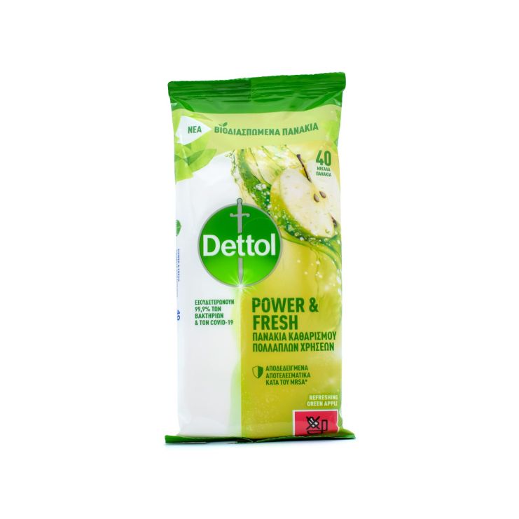 Dettol Μαντηλάκια Καθαρισμού Γενικής Χρήσης Power & Fresh με Απολυμαντική Δράση Πράσινο Μήλο 40 τμχ