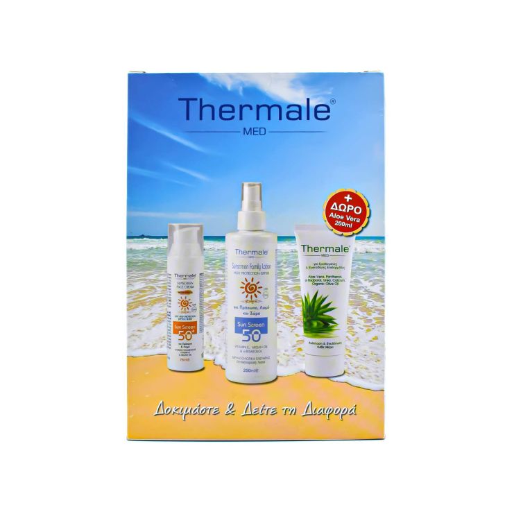 Thermale Med Αντηλιακή Κρέμα για Πρόσωπο και Λαιμό SPF 50+ 75ml & Αντηλιακή Γαλάκτωμα για όλη την Οικογένεια SPF50 250ml & Aloe Vera Κρέμα 200ml