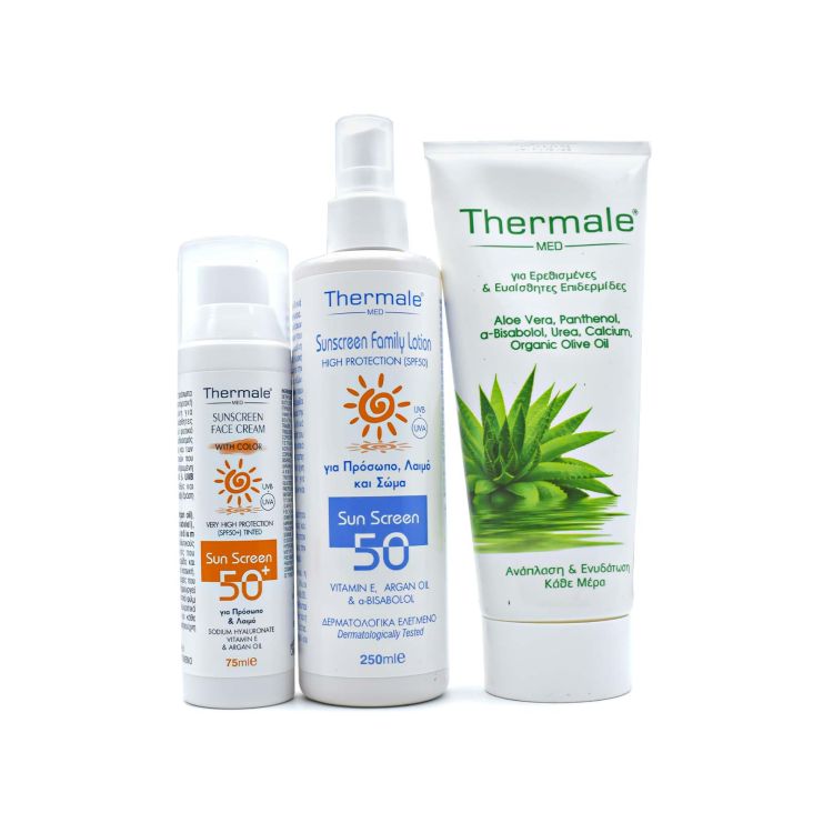 Thermale Med Αντηλιακή Κρέμα για Πρόσωπο και Λαιμό SPF 50+ 75ml & Αντηλιακή Γαλάκτωμα για όλη την Οικογένεια SPF50 250ml & Aloe Vera Κρέμα 200ml