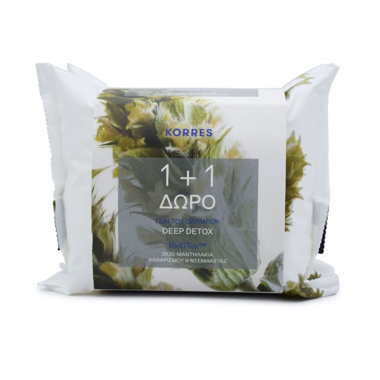 Korres Τσάι του Ολύμπου Deep Detox Μαντηλάκια Καθαρισμού & Μακιγιάζ 2 x 30 τμχ