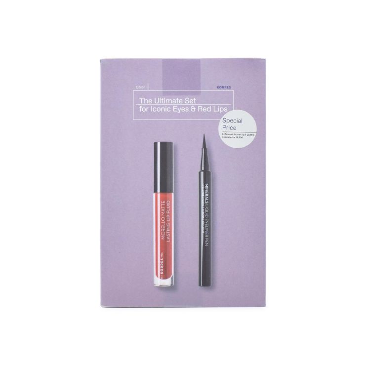 Korres The Ultimate Set Liquid Eyeliner Pen 01 Black & Morello Lip Fluid 59 Brick Red