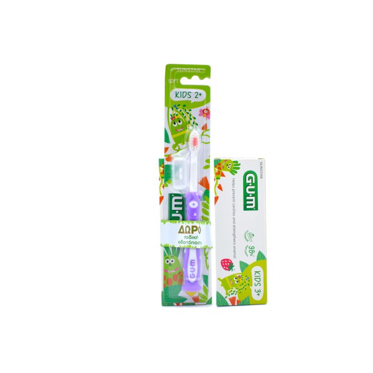 Sunstar Gum Οδοντόβουρτσα Kids 2+ Ετών Monster Μωβ + Οδοντόπαστα  Junior 3+ Tutti Frutti 50ml
