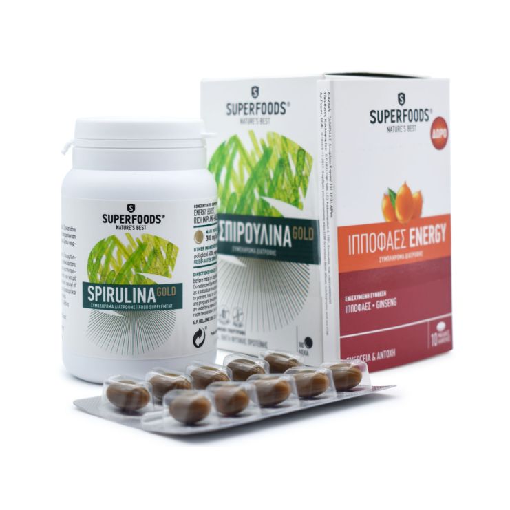 Superfoods Σπιρουλίνα Gold 180 κάψουλες & Ιπποφαές Energy 10 κάψουλες