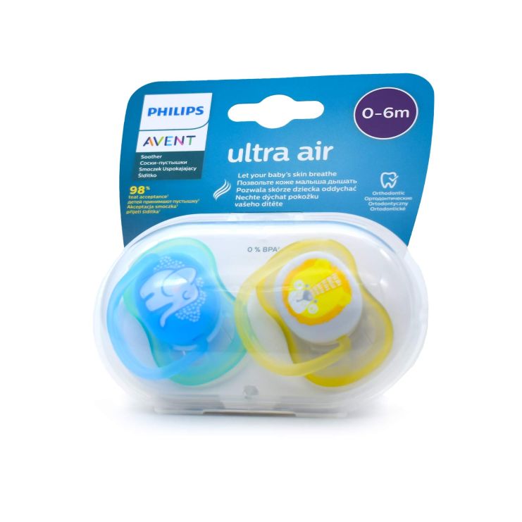 Philips Avent Ultra Air Ορθοδοντικές Πιπίλες Σιλικόνης 0-6m SCF085/01 Γαλάζιο Κίτρινο 2 τμχ