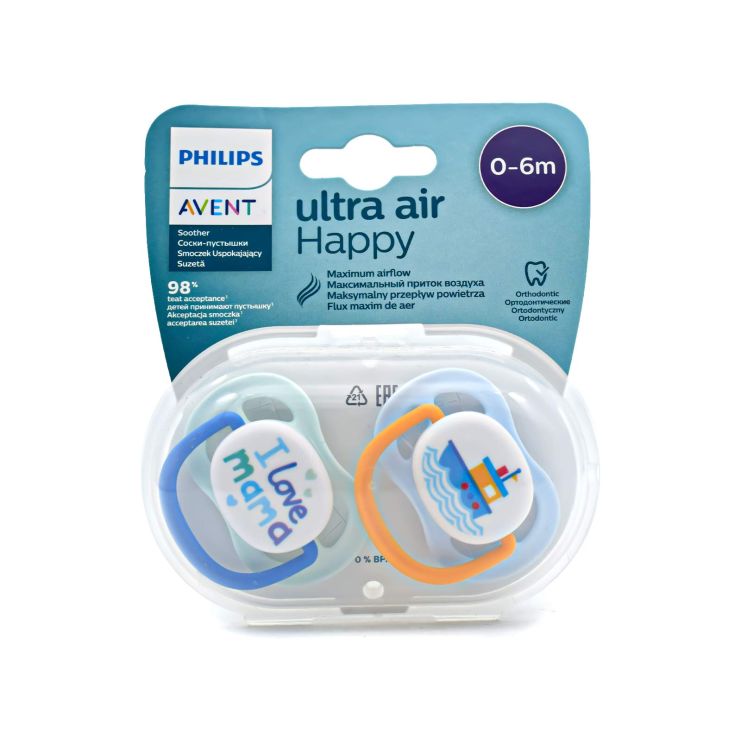 Philips Avent Ultra Air Happy Ορθοδοντικές Πιπίλες Σιλικόνης Ζωάκια 0-6m  I love Mama Μπλε - Βαρκούλα Γαλάζιο 2 τμχ SCF080/01