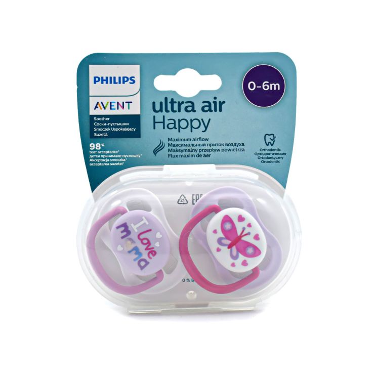 Philips Avent Ultra Air Happy Ορθοδοντικές Πιπίλες Σιλικόνης 0-6m  I love Mama Μωβ- Πεταλούδα Ροζ 2 τμχ SCF080/06