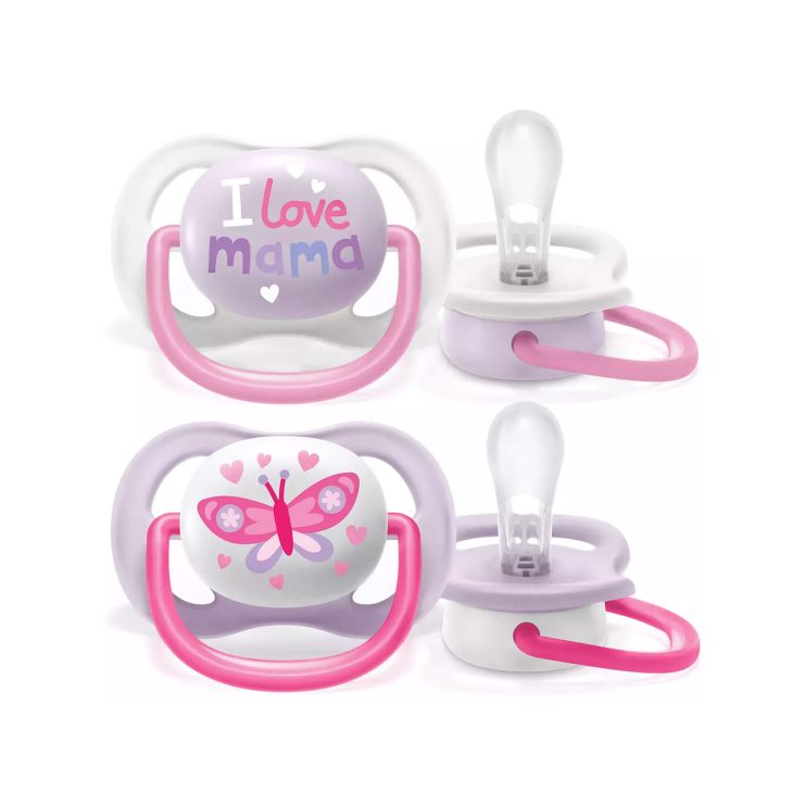 Philips Avent Ultra Air Happy Ορθοδοντικές Πιπίλες Σιλικόνης 0-6m  I love Mama Μωβ- Πεταλούδα Ροζ 2 τμχ SCF080/06