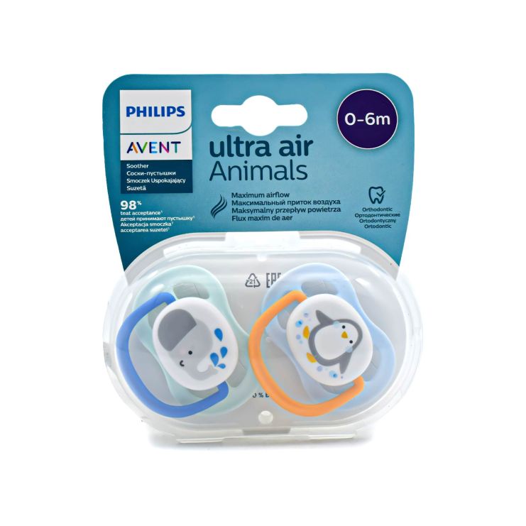 Philips Avent Ultra Air Ζωάκια Ορθοδοντικές Πιπίλες Σιλικόνης 0-6m  Ελεφαντάκι Μπλε- Πιγκουίνος Πορτοκαλί 2 τμχ SCF080/05