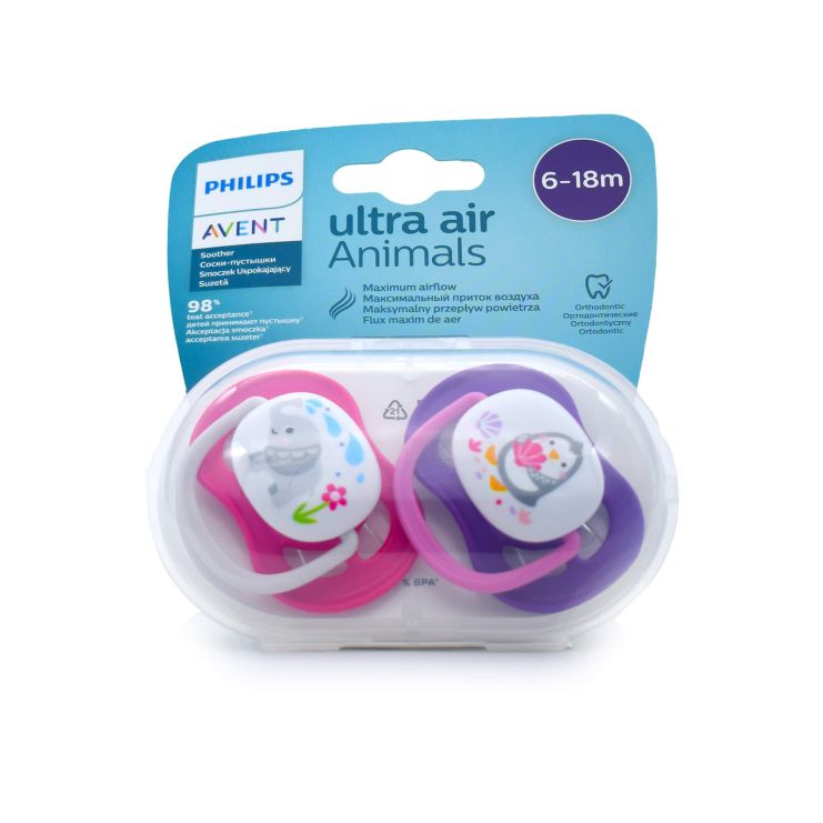 Philips Avent Ultra Air Animals Ορθοδοντικές Πιπίλες Σιλικόνης 6-18m Ροζ-Μωβ 2 τμχ