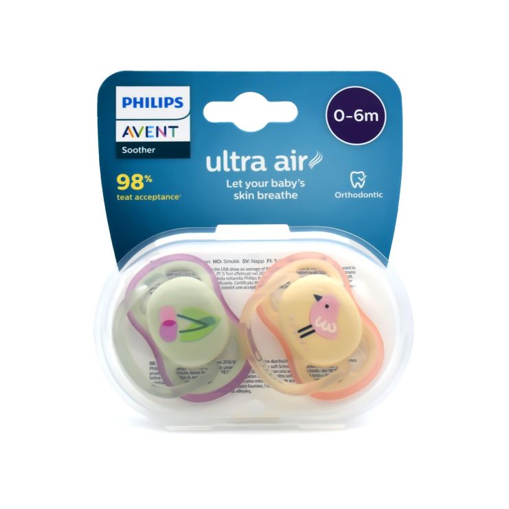 Philips Avent Ultra Air Ορθοδοντικές Πιπίλες Σιλικόνης 0-6m  Σομόν Πουλάκι - Πράσινο Κεράσι 2 τμχ SCF085/13