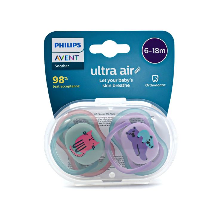 Philips Avent Ultra Air Ορθοδοντικές Πιπίλες Σιλικόνης 6-18m Γατούλα Αρκουδάκια Μωβ Πράσινο  2 τμχ SCF085/18